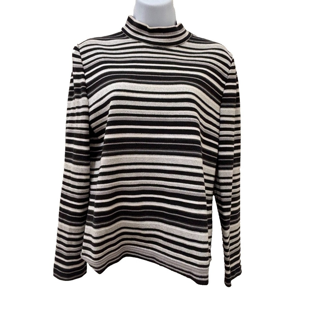 St John Sport Sweater Womens M Santana Knit Striped Mock Neck Metallic Old Money
